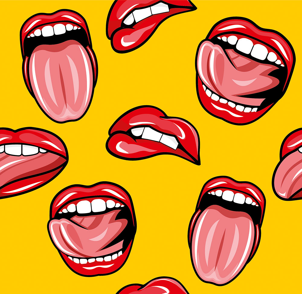 Bunte Grafik mit Darstellungen von Mündern mit Zungen auf gelbem Hintergrund.